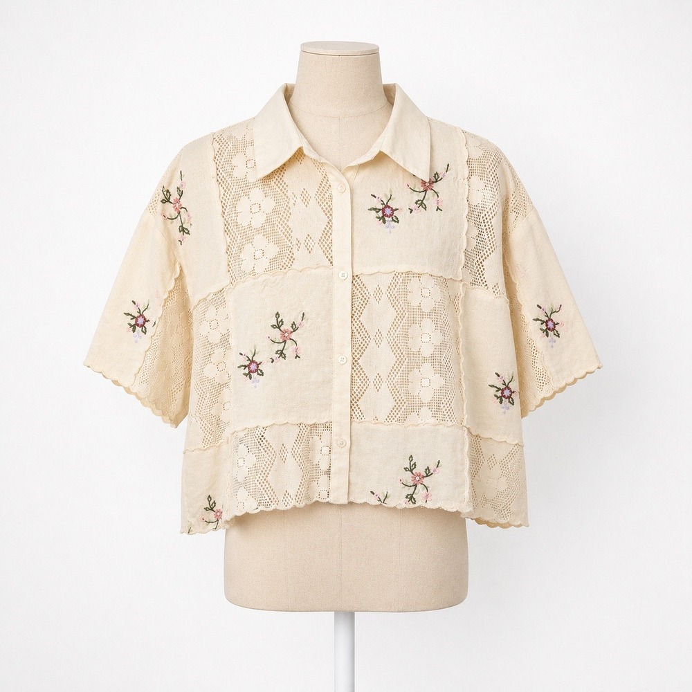Zara Patchwork Crochet Floral Embroidered Button Shirt Sz XS Cottagecore Granola - Picture 1 of 9